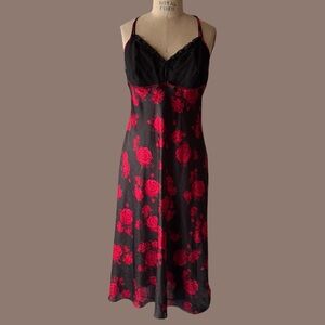 Vintage Y2K Red Rose Print Lace Slip Dress